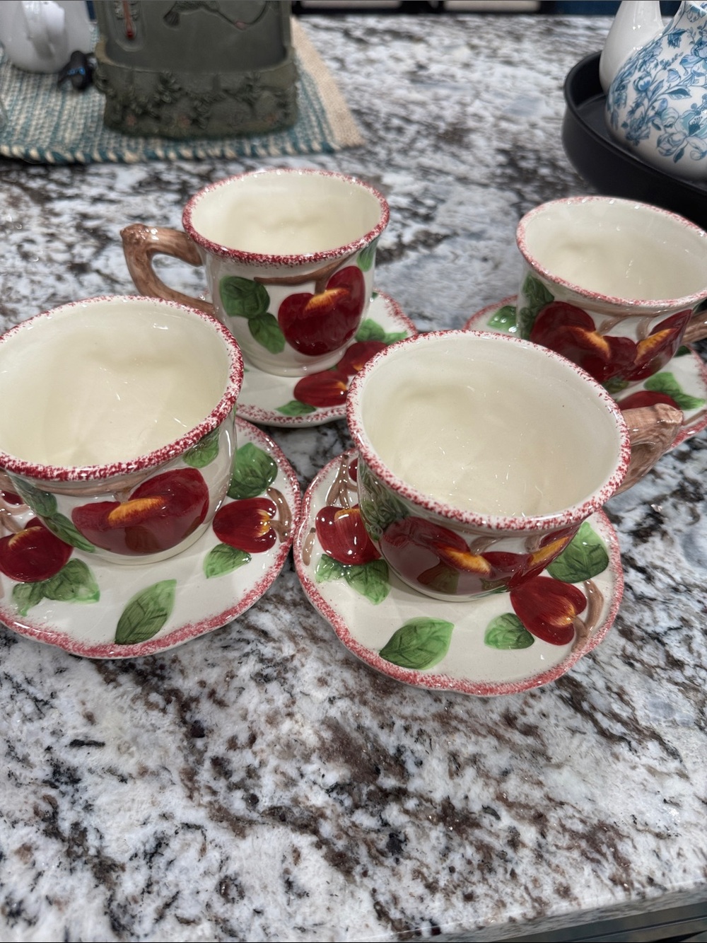 4 Cracker Barrel Red Apple Ceramic Teacup and Saucer Set
